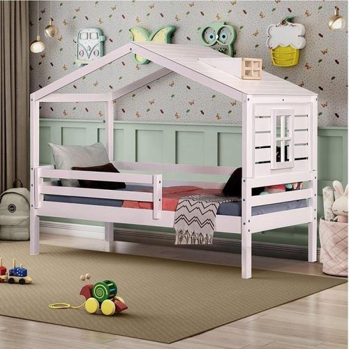 Cama Infantil Prime com Telhado Claraboia e Janela Branco/Natural - Casatema