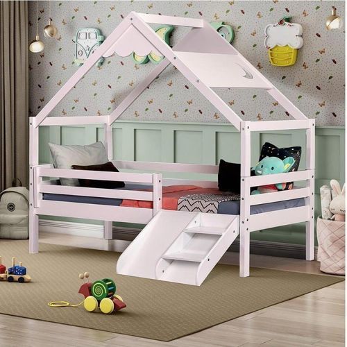 Cama Infantil Prime com Telhado Inclinado Lua e Kit Escadinha Branco - Casatema
