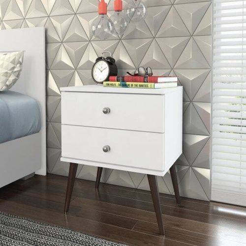 Mesa de Cabeceira 2 Gavetas com Pés Palito em Madeira - Branco