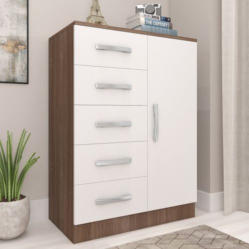 Cômoda com 5 Gavetas e 1 Porta - Carvalho/Branco