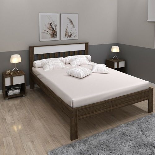Cama de Casal com Cabeceira Ripada - Nogal/Branco