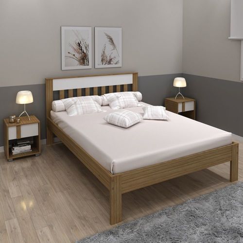 Cama de Casal com Cabeceira Ripada - Amêndoa/Branco