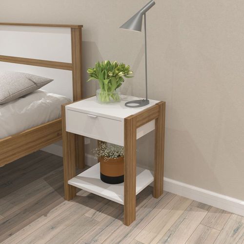 Mesa de Cabeceira com 1 Gaveta e 1 Tomada Bivolt - Branco/Amêndoa