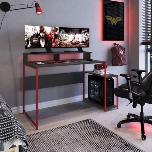 Mesa Escrivaninha Gamer Ryze com 2 Nichos - Vermelho/Grafite