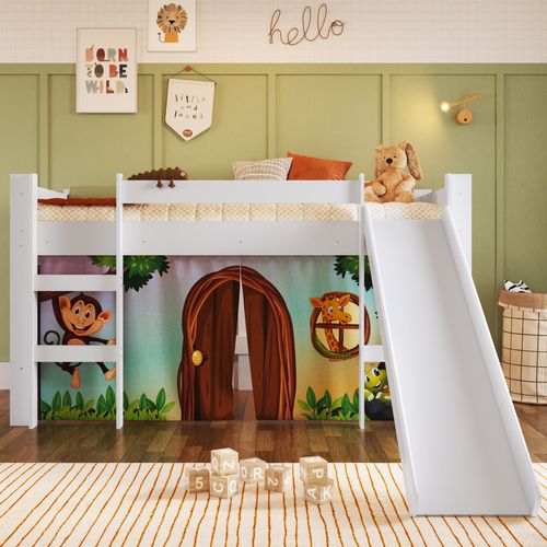 Cama Infantil Elevada com Escorregador Branco com Cortina Estampada Zoo Branco