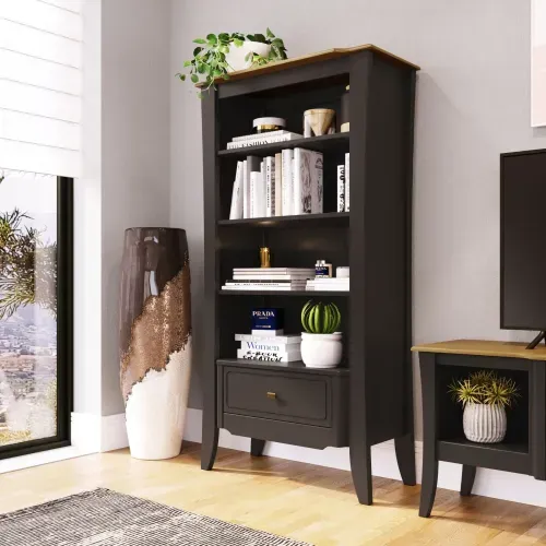 Estante Simplicidade com 4 Nichos e 1 Gaveta em Madeira/MDF - Preto/Mel