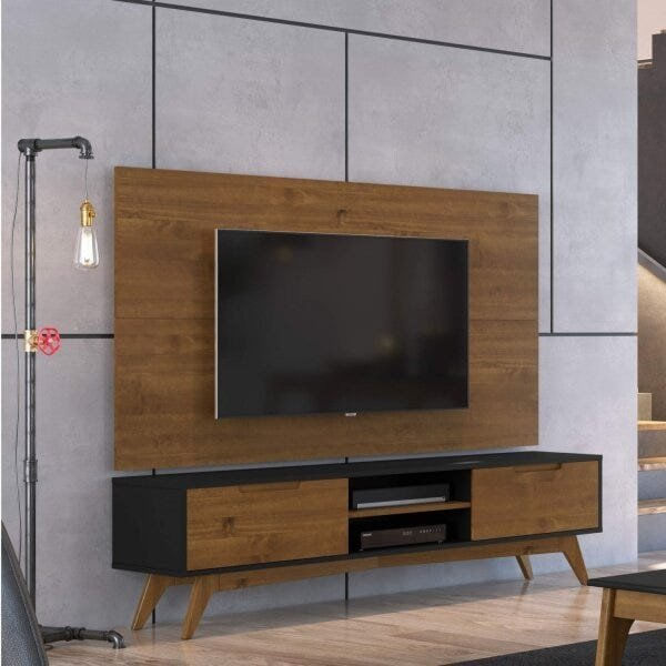 Rack para TV até 65 Polegadas MDF 185cm Pés em Madeira Maciça 2 Gavetas Club Preto/Garapa Preto/Garapa