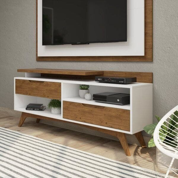 Rack para TV até 55 Polegadas MDF 150cm Pés em Madeira Maciça 2 Gavetas Club Branco/Garapa Branco/Garapa