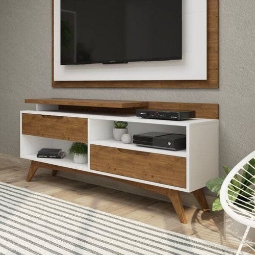 Rack para TV até 55 Polegadas MDF 150cm Pés em Madeira Maciça 2 Gavetas Club Branco/Garapa Branco/Garapa