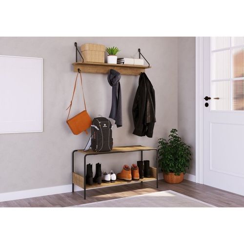 Kit Industrial para Hall c/Banco Sapateira e Prateleira - Carvalho/Preto