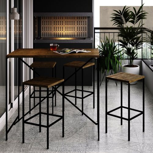Conjunto Industrial Bancada com 4 Banquetas Quadra - Carvalho/Preto
