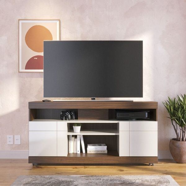Rack para TV até 50 Polegadas 136cm 2 Portas 4 Nichos Yara Marrom Nogueira Real/Off White Nogueira Real/Off White