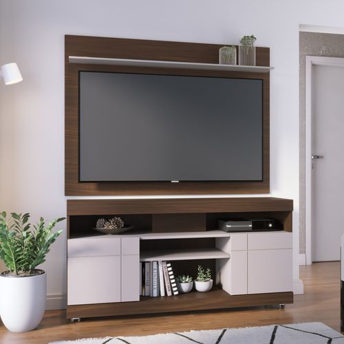 Rack com Painel para TV até 55 Polegadas 136cmx169cm 2 Portas Yara Maia Marrom Nogueira Real/Off White Nogueira Real/Off White