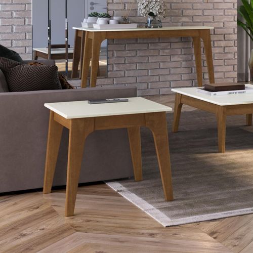 Mesa Lateral Happy em Madeira Maciça/MDF - Off White/Garapa
