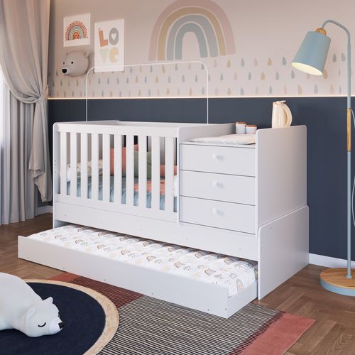 Berço Multifuncional com Cômoda e Vira Bicama- Branco