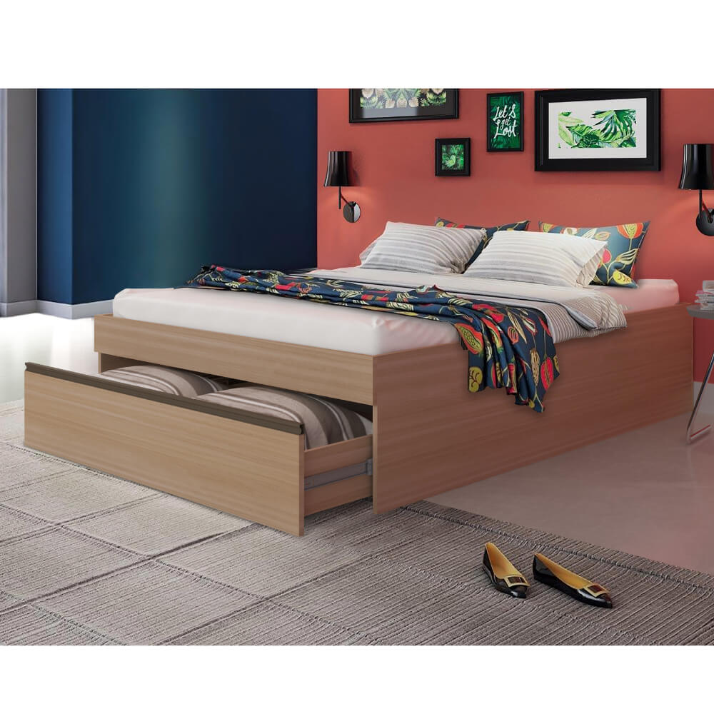 Cama Casal Multifuncional Charme Mesa de Cabeceira, Nichos e Gavetas -  Cinza - CasaTema