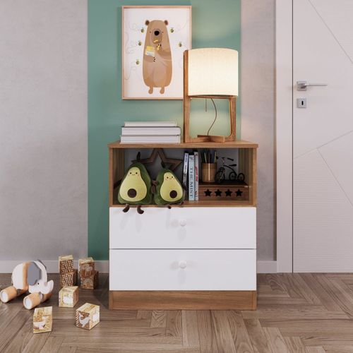 Cômoda Infantil Aconchego com 2 Gavetas e 1 Nicho - Branco/Nogal