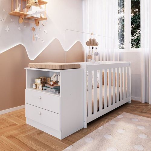 Conjunto para Quarto de Bebê com Cômoda 2 Gavetas e Berço com Colchão Aconchego Completa Móveis Branco