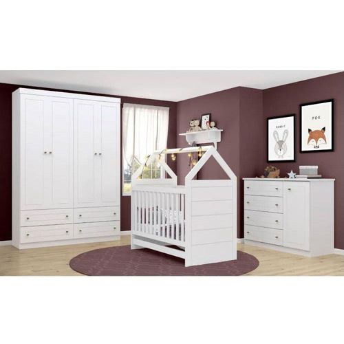Quarto de Bebê Completo Prime Berço/Cômoda/Guarda Roupa - Branco