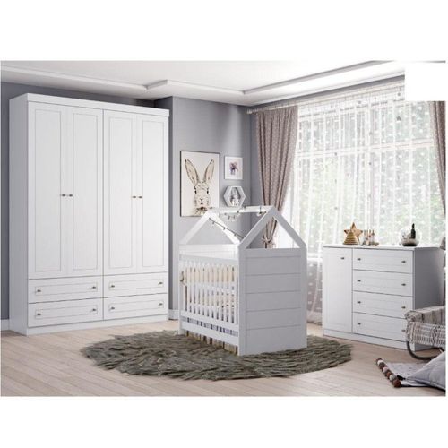 Quarto de Bebê Completo Americano Berço/Cômoda/Guarda Roupa - Branco