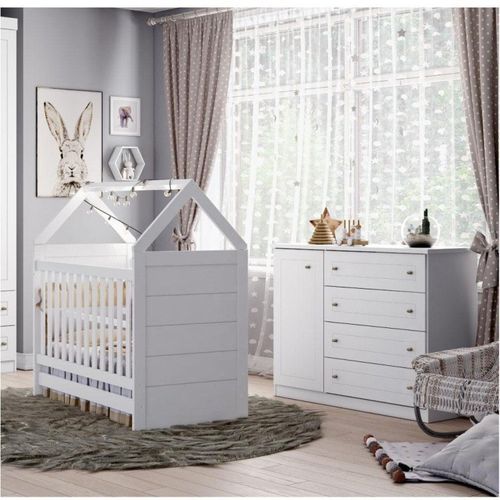 Quarto de Bebê Americano Berço Mini Cama e Cômoda 4 Gavetas - Branco