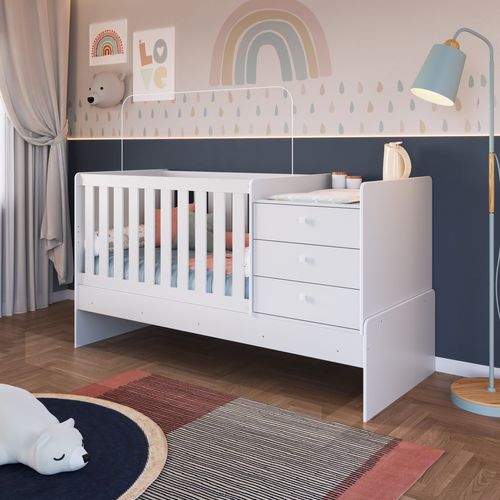 Berço Multifuncional com Cômoda e Vira Cama Solteiro - Branco