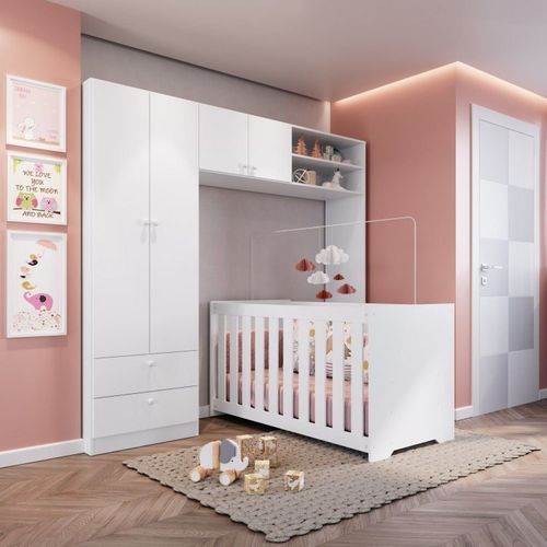 Conjunto para Quarto de Bebê com Guarda-Roupas e Berço com Colchão Completa Móveis Branco