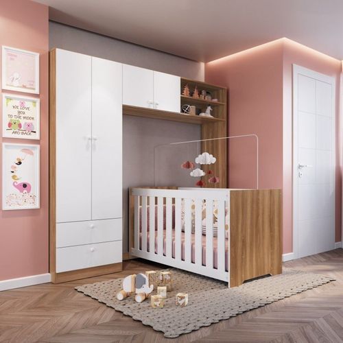 Conjunto para Quarto de Bebê com Guarda-Roupas e Berço com Colchão Completa Móveis Nogal Manchester/Branco