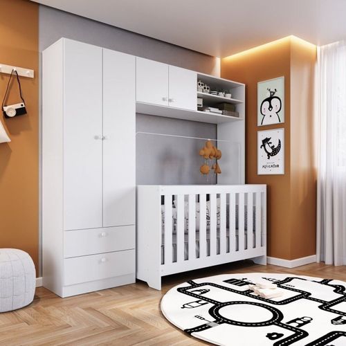Quarto de Bebê com Guarda-Roupas e Berço 3 em 1 com Colchão Completa Móveis Branco