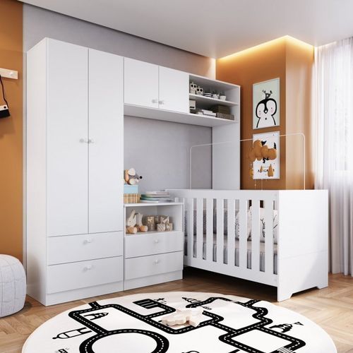 Conjunto Quarto Infantil com Berço 3 em 1, Cômoda 2 Gavetas 1 Nicho e Guarda-Roupas Completa Móveis Branco
