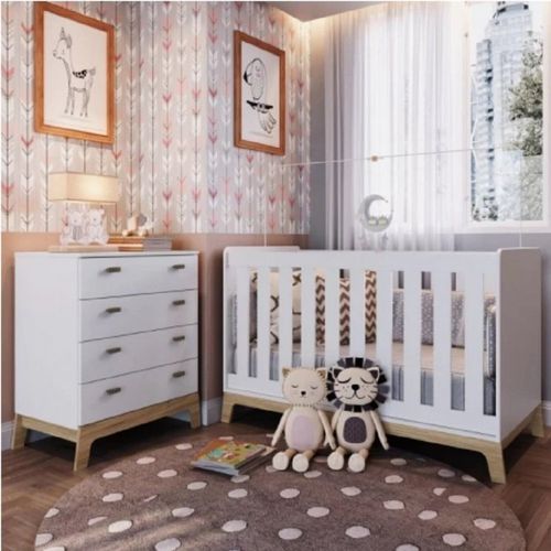 Quarto de Bebê com Berço 3 em 1 86x136,6x78cm e Cômoda 4 Gavetas Favo de Mel Completa Móveis Itapuã/Branco