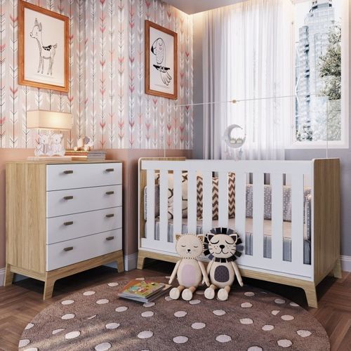 Quarto de Bebê com Berço 3 em 1 86x136,6x86cm e Cômoda 4 Gavetas Favo de Mel Completa Móveis Itapuã/Branco