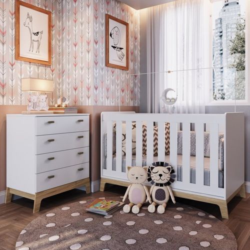 Quarto de Bebê com Berço 3 em 1 86x136,6x78cm e Cômoda 4 Gavetas Favo de Mel Completa Móveis Branco