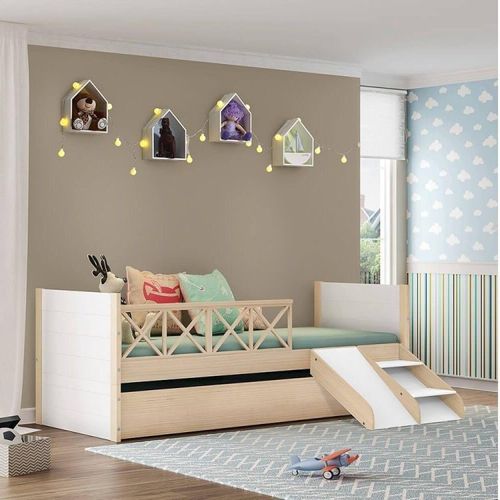 Bicama Solteiro Infantil Garden com Kit Escadinha Natural/Branco - Casatema