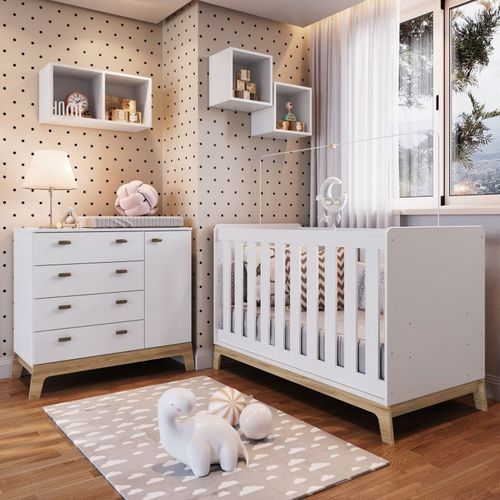 Quarto de Bebê 5 Peças com Berço 3 em 1 Cômoda e Nichos Favo de Mel Completa Móveis Branco