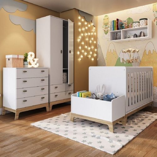 Quarto de Bebê com Berço Cômoda Guarda Roupas Nicho e Caixa Organizadora Favo de Mel Completa Móveis Branco