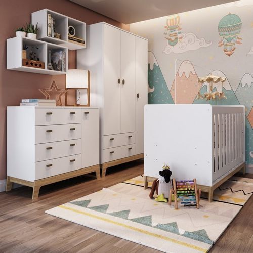 Quarto de Bebê com Berço 3 em 1 Cômoda Guarda Roupas e Nichos Duplos Favo de Mel Completa Móveis Branco