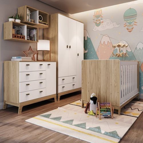 Quarto de Bebê com Berço 3 em 1 Cômoda Guarda Roupas e Nichos Duplos Favo de Mel Completa Móveis Itapuã/Branco