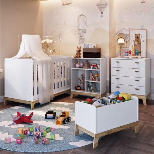 Quarto de Bebê com Berço Cômoda Estante com Nichos e Caixa de Brinquedos Favo de Mel Completa Móveis Branco