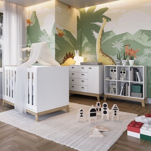 Quarto de Bebê 3 Peças com Berço 3 em 1 Cômoda e Estante com 6 Nichos Favo de Mel Completa Móveis Branco