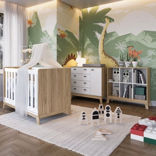 Quarto de Bebê 3 Peças com Berço 3 em 1 Cômoda e Estante com 6 Nichos Favo de Mel Completa Móveis Itapuã/Branco