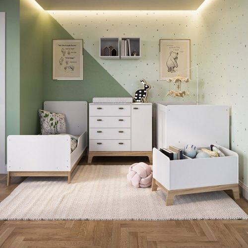 Quarto de Bebê Gêmeos com 2 Berços Cômoda Caixa de Brinquedos e 2 Nichos Favo de Mel Completa Móveis Branco