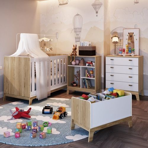 Quarto de Bebê com Berço Cômoda Estante com Nichos e Caixa de Brinquedos Favo de Mel Completa Móveis Itapuã/Branco