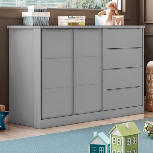 Cômoda Infantil 4 Gavetas e 2 Portas com Cabideiro Pérola Cinza Cinza