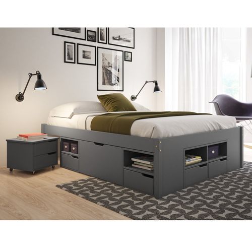 Cama Casal Multifuncional Charme Mesa de Cabeceira, Nichos e Gavetas - Cinza