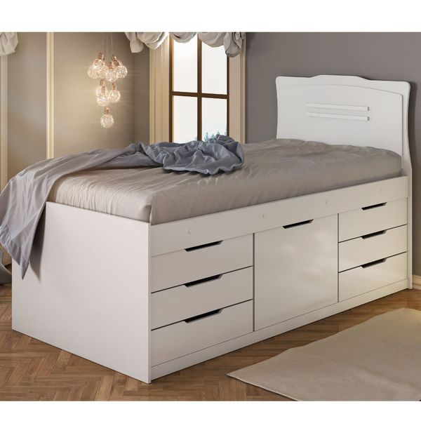Cama Solteiro Angel com 7 Gavetas - Branco