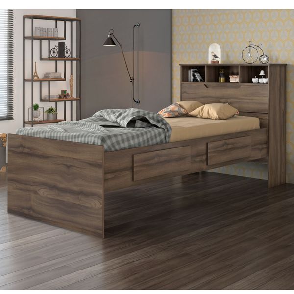 Cama Íris com Baú 2 Gavetas e Nichos - Café