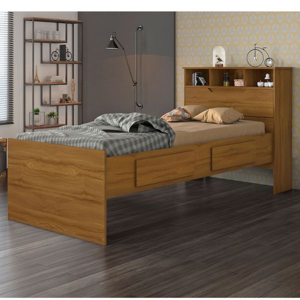 Cama Íris com Baú 2 Gavetas e Nichos - Rústico