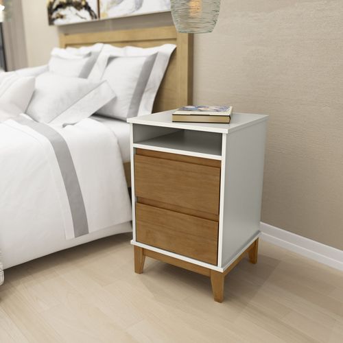 Mesa de Cabeceira Prata com 2 Gavetas e 1 Nicho - Off White/Freijó
