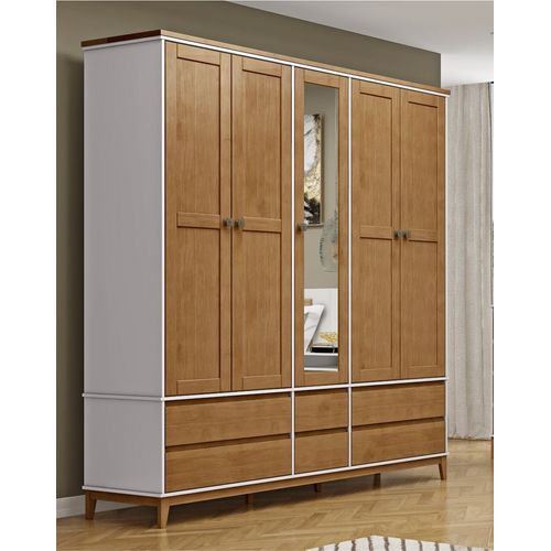 Guarda Roupa Prata com 5 Portas e 6 Gavetas - Off White/Freijó